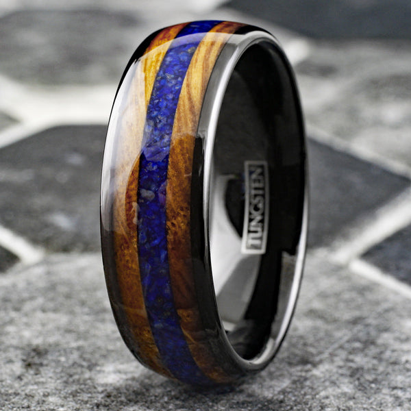 Unique Polished Black Low Dome Tungsten Ring with Blue Lapis Lazuli Between Whiskey Barrel Oak Wood Inlays.