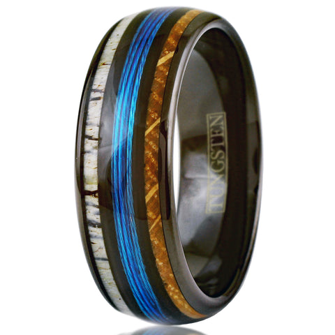 Magnificent Polished Black Tungsten Low Dome Ring with Bright Blue Real Fishing Line Between Whiskey Barrel Oak Wood and Deer Antler Inlays.