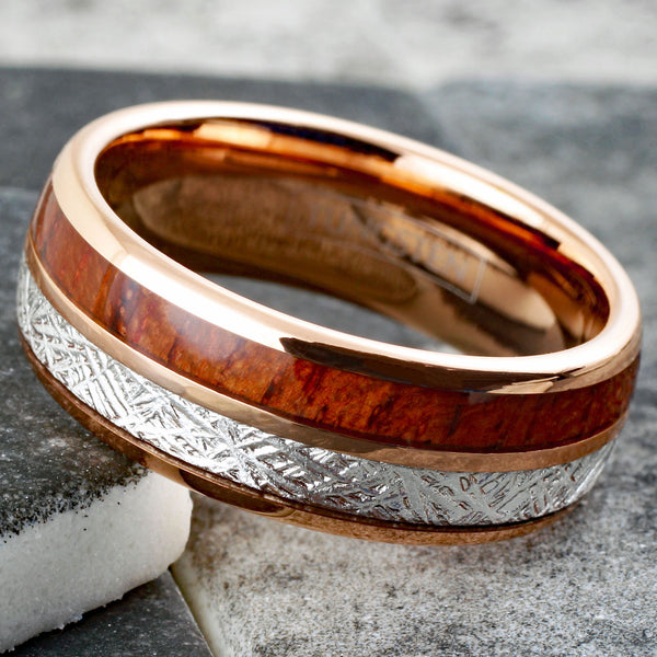 Exquisite Rose Gold Tungsten Dome Ring w/ Awesome Faux Meteorite and Classy Koa Wood Inlays. Available in 6mm & 8mm widths.