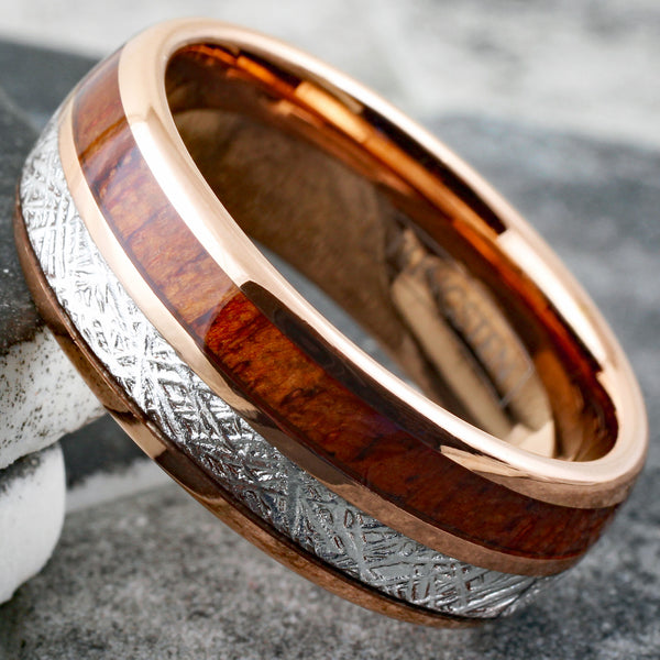Exquisite Rose Gold Tungsten Dome Ring w/ Awesome Faux Meteorite and Classy Koa Wood Inlays. Available in 6mm & 8mm widths.