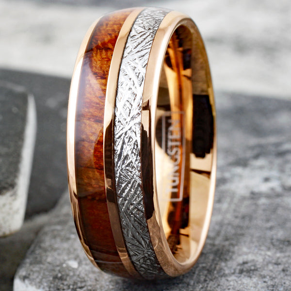 Exquisite Rose Gold Tungsten Dome Ring w/ Awesome Faux Meteorite and Classy Koa Wood Inlays. Available in 6mm & 8mm widths.