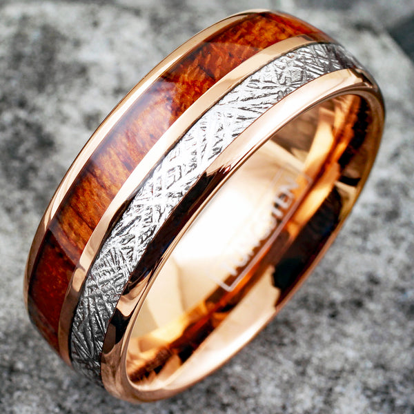 Exquisite Rose Gold Tungsten Dome Ring w/ Awesome Faux Meteorite and Classy Koa Wood Inlays. Available in 6mm & 8mm widths.