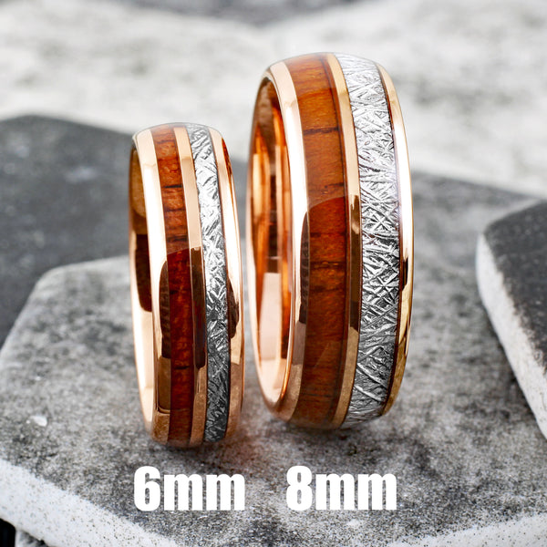 Exquisite Rose Gold Tungsten Dome Ring w/ Awesome Faux Meteorite and Classy Koa Wood Inlays. Available in 6mm & 8mm widths.