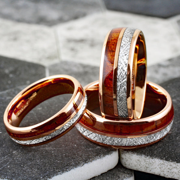 Exquisite Rose Gold Tungsten Dome Ring w/ Awesome Faux Meteorite and Classy Koa Wood Inlays. Available in 6mm & 8mm widths.