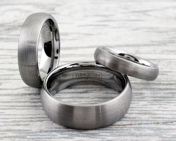Classic Brushed Finish Silver Low Dome Tungsten Band Ring. Available in 4mm, 6mm, and 8mm Widths. Couple Ring.