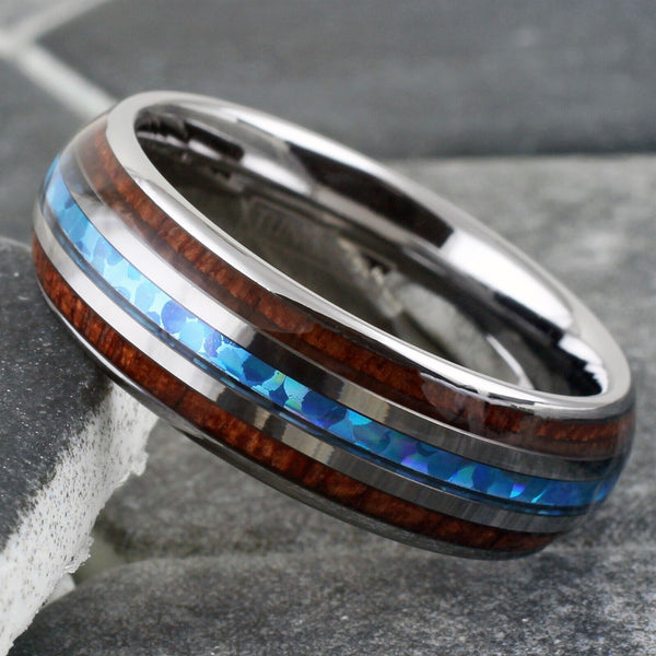 Elegant Mirror Polished Tungsten Dome Ring w/ Lovely Man-made Opal Inlay Between 2 Koa Wood Inlays.