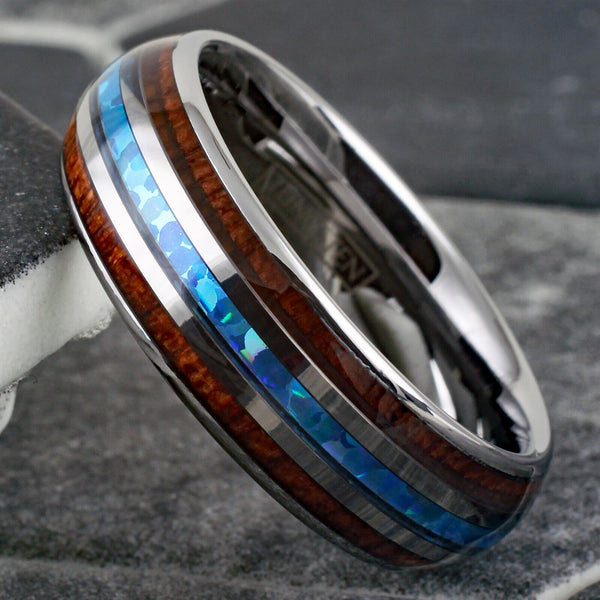 Elegant Mirror Polished Tungsten Dome Ring w/ Lovely Man-made Opal Inlay Between 2 Koa Wood Inlays.