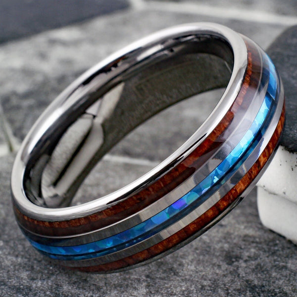 Elegant Mirror Polished Tungsten Dome Ring w/ Lovely Man-made Opal Inlay Between 2 Koa Wood Inlays.