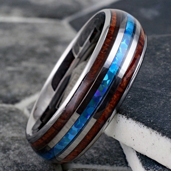 Elegant Mirror Polished Tungsten Dome Ring w/ Lovely Man-made Opal Inlay Between 2 Koa Wood Inlays.