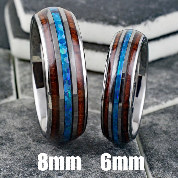 Elegant Mirror Polished Tungsten Dome Ring w/ Lovely Man-made Opal Inlay Between 2 Koa Wood Inlays.