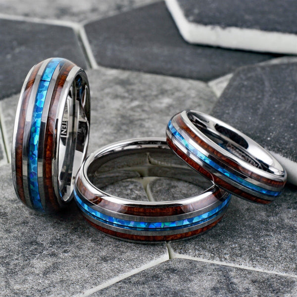 Elegant Mirror Polished Tungsten Dome Ring w/ Lovely Man-made Opal Inlay Between 2 Koa Wood Inlays.
