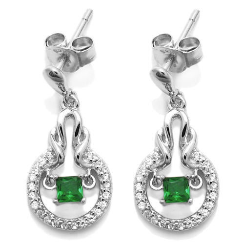 Dangling 0.25 Carat Square Cut CZ with Green Accents Earrings | Wholesale Sterling Silver Jewelry | Alternate