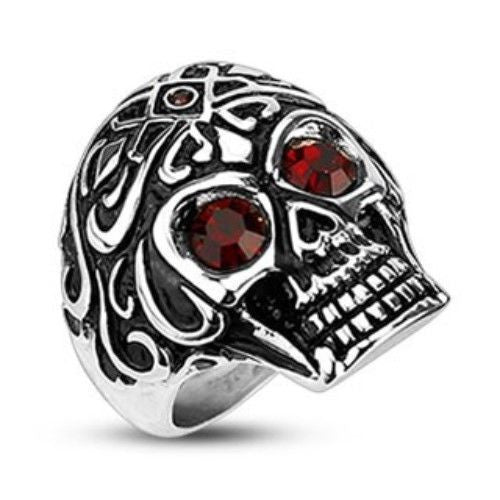 0.92 Carat Red CZ Eyes Intricate Skull Men's Rings | Wholesale 316L Stainless Steel Ring | Main