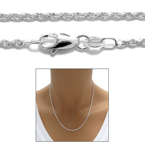 Sterling Silver Diamond Cut Rope Chain Necklace 1.5mm (Gauge 030). Available in 6 Lengths.