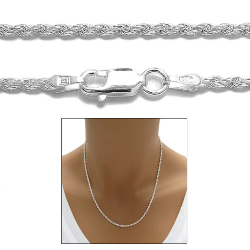 Sterling Silver Diamond Cut Rope Chain Necklace 2.0mm (Gauge 040). Available in 7 Lengths.