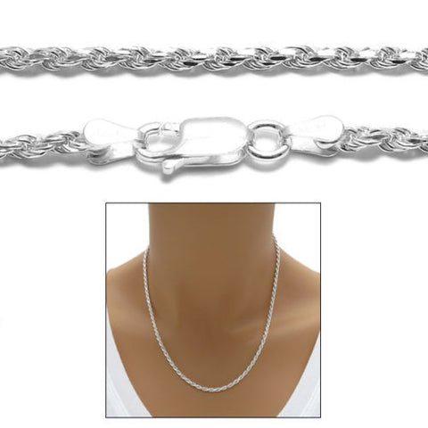 Sterling Silver Diamond Cut Rope Chain Necklace 2.5mm (Gauge 050). Available in 6 Lengths.