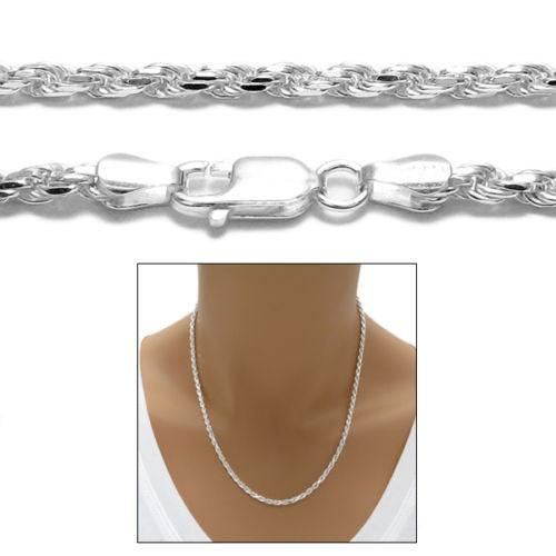 Sterling Silver Diamond Cut Rope Chain Necklace 3.0mm (Gauge 060). Available in 6 Lengths.