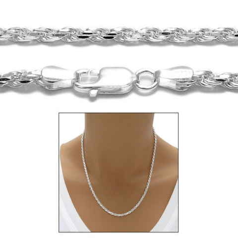 Sterling Silver Diamond Cut Rope Chain Necklace 3.0mm (Gauge 060). Available in 6 Lengths.