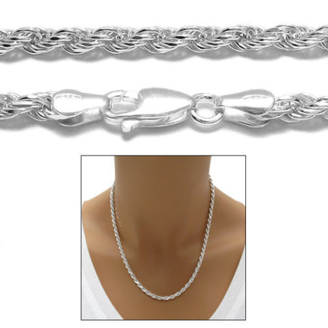 Sterling Silver Diamond Cut Rope Chain Necklace 3.5mm (Gauge 070). Available in 6 Lengths.