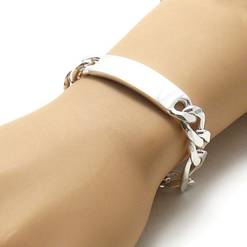 13mm (350 Gauge) Figaro chain ID bracelet w. engravable plate | Wholesale 925 Sterling Silver Jewelry | Alternate photo
