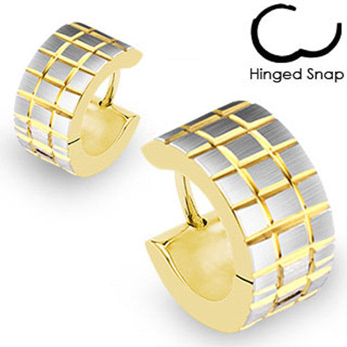 14k gold ion plated hinged huggie earrings with brushed steel chiclets | Wholesale 316L Stainless Steel Jewelry