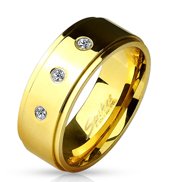 14K gold plated ring with three dazzling CZ accents | Wholesale stainless steel rings - Jewelry | Main photo