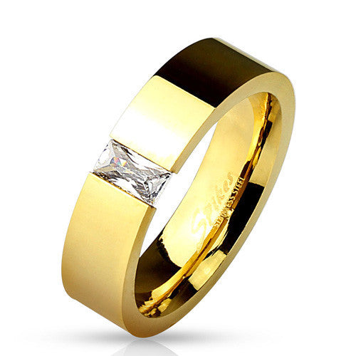 Gold ion plated ring with tension set baguette CZ | Wholesale stainless steel rings - Jewelry | Alternate photo