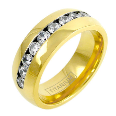 14K gold ion plated titanium ring with nine channel set CZs | Wholesale Titanium Jewelry