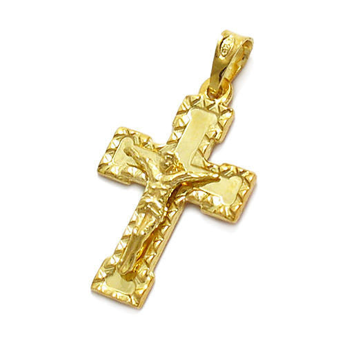 Luxurious 14K Gold Over Grooved Edged Crucifix Cross Pendant | Wholesale 925 Sterling Silver Pendant - Jewelry | Main