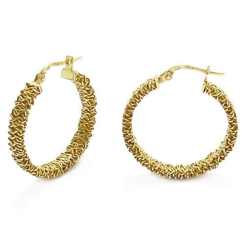 Fashionable 14K Gold Over Tangled Mesh Wire Round Hoop Earrings 26mm | Wholesale Sterling Silver Jewelry | Main
