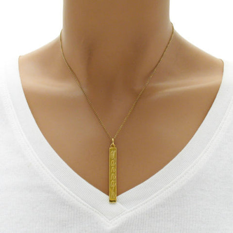 Minimalist 14K gold plated engravable vertical rectangular bar pendant | Wholesale 925 Sterling Silver Jewelry | Alternate photo
