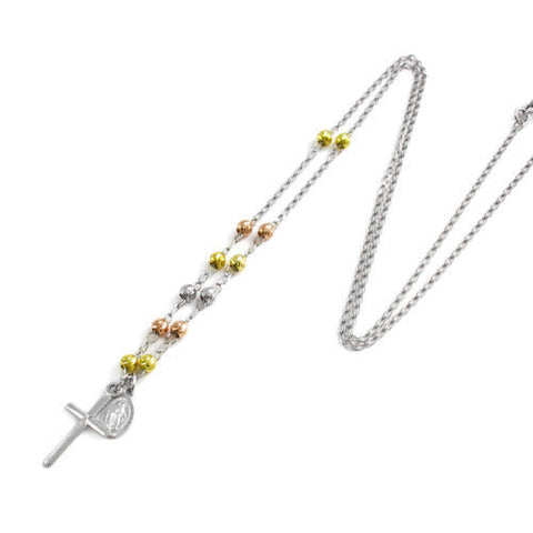 Radiant 18" Tri-Tone Rosary 3mm Bead Necklace with Cross | Wholesale 925 Sterling Silver Pendant - Jewelry | Main