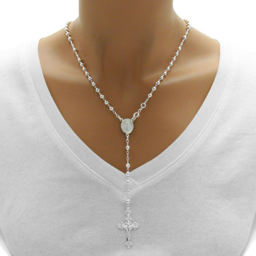 Stunning 18" Rosary 4mm Bead Chain Link Necklace with Crucifix | Wholesale 925 Sterling Silver Pendant - Jewelry | Alternate