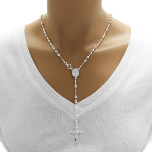 Sleek 18" Rosary 4mm Bead Necklace with Crucifix | Wholesale 925 Sterling Silver Pendant - Jewelry | Alternate