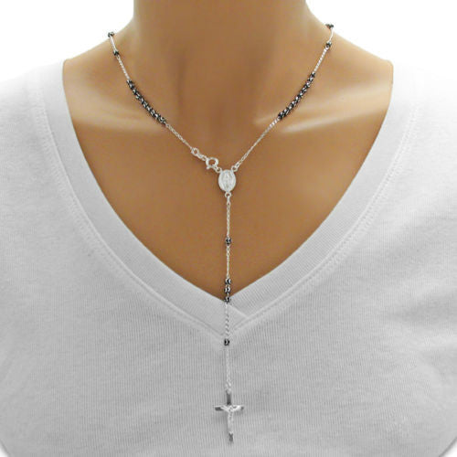 Extraordinary 18" Silver and Black 3mm Bead Rosary Necklace with Crucifix | Wholesale 925 Sterling Silver Pendant - Jewelry | Alternate