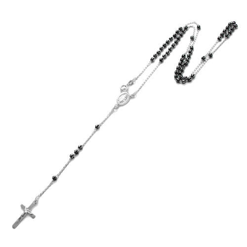 Extraordinary 18" Silver and Black 3mm Bead Rosary Necklace with Crucifix | Wholesale 925 Sterling Silver Pendant - Jewelry | Alternate