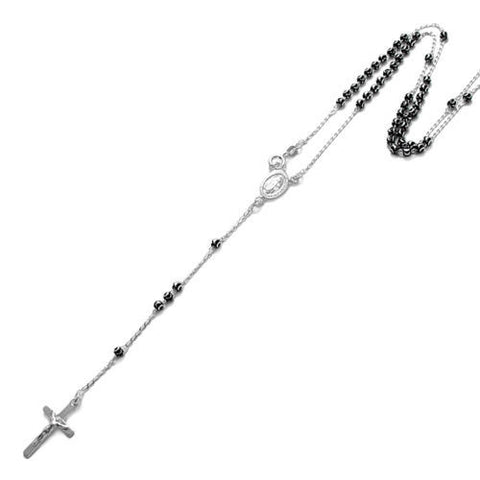 Extraordinary 18" Silver and Black 3mm Bead Rosary Necklace with Crucifix | Wholesale 925 Sterling Silver Pendant - Jewelry | Main