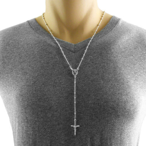 Glamorous 24" Rosary 3mm Bead Necklace with Crucifix | Wholesale 925 Sterling Silver Pendant - Jewelry | Alternate