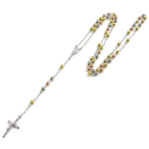 Beautiful 26" Tri-Tone Rosary 5mm Bead Necklace with Crucifix | Wholesale 925 Sterling Silver Pendant - Jewelry | Alternate