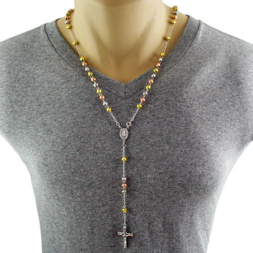 Gorgeous 26" Tri-Tone Rosary 6mm Bead Necklace with Crucifix | Wholesale 925 Sterling Silver Pendant - Jewelry | Alternate