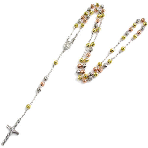 Gorgeous 26" Tri-Tone Rosary 6mm Bead Necklace with Crucifix | Wholesale 925 Sterling Silver Pendant - Jewelry | Alternate