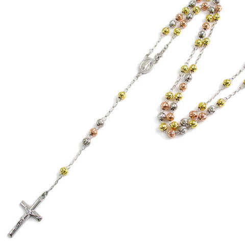 Gorgeous 26" Tri-Tone Rosary 6mm Bead Necklace with Crucifix | Wholesale 925 Sterling Silver Pendant - Jewelry | Main 