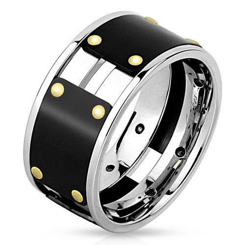three-tone polished ring with black plates & gold buttons | Wholesale stainless steel rings- Jewelry | Alternate photo