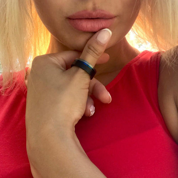 Beautiful Three-Tone Black Tungsten Carbide Flat Band Ring w/ Sapphire Blue Inner Band & Silver Edge Stripe