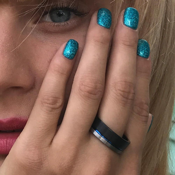 Beautiful Three-Tone Black Tungsten Carbide Flat Band Ring w/ Sapphire Blue Inner Band & Silver Edge Stripe