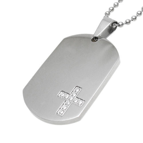1.5" (38mm) engravable dog tag with CZ cross and ball chain | Wholesale 316L Stainless Steel Jewelry | Main photo