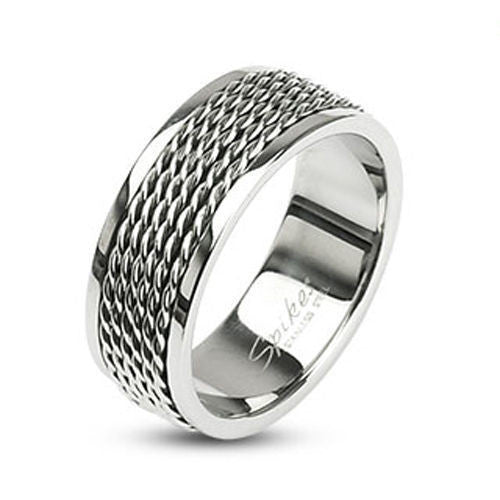 Five thin twisted bands inlaid on wide stainless steel band | Wholesale stainless steel rings - Jewelry