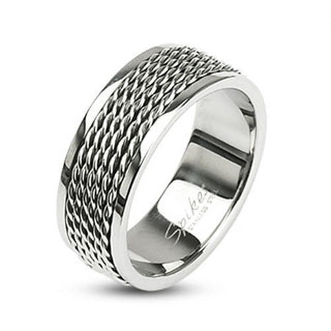 Five thin twisted bands inlaid on wide stainless steel band | Wholesale stainless steel rings - Jewelry