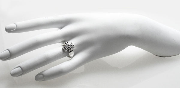 Brilliant Maltese cross ring with sharp lines and angles. Wholesale Sterling Silver Rings. Alternate On hand.