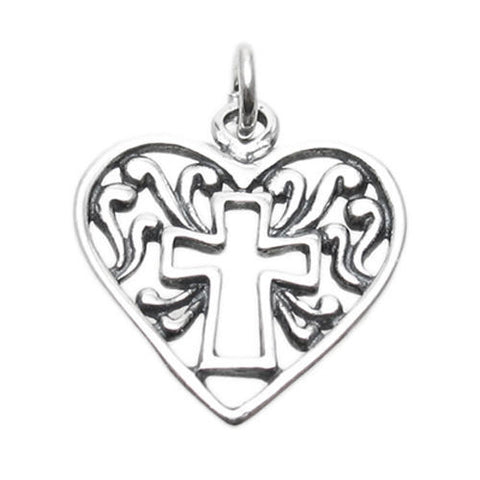 Cross in Ornate Heart Charm. Sterling Silver